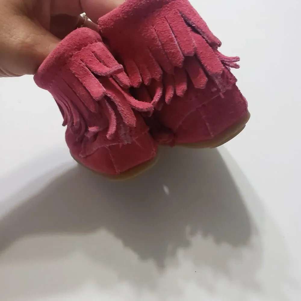 Minnetonka Girls 1 Ankle Booties Leather Pink Double Fringe Side Zip Shoes‎